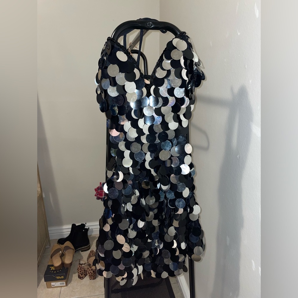Black and silver sequin party dress with open back